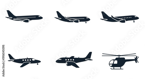 Collection of Silhouetted Aircraft and Helicopter Icons.