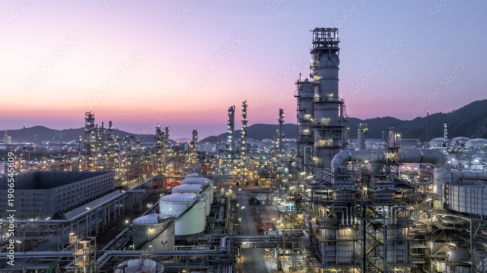 Fototapeta premium Aerial view oil and gas petrochemical storage tank with oil and gas refinery plant at twilight, Global business power and energy petrochemical industry, Oil and gas refinery petrochemical industrial.