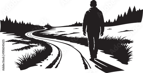 Man walking alone on a winding rural road path
