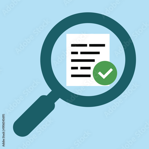 Magnifying glass checking document with green check mark symbol icon