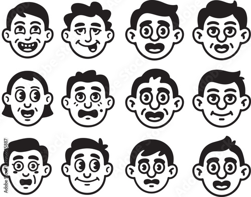 Set of Cartoon Avatar Characters with Various Facial Expressions - Retro Line Art Vector