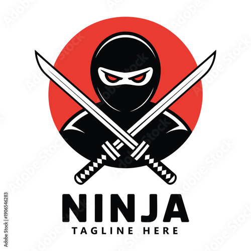Ninja warrior with crossed swords and red eyes in circle logo design icon