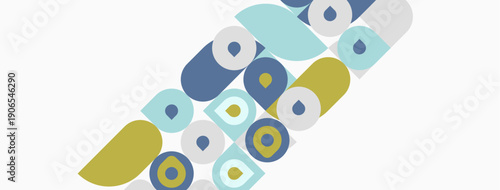 Abstract pattern features rounded shapes, varying colors. Minimalist design, clean aesthetic, simple composition. Light background enhances visual elements.