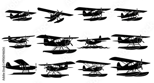 Collection of Silhouetted Floatplanes on White Background.
