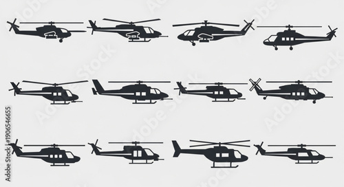 Collection of Silhouetted Helicopters in Various Designs and Poses.