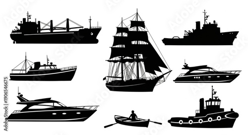 Collection of Silhouetted Marine Vessels and Boats.