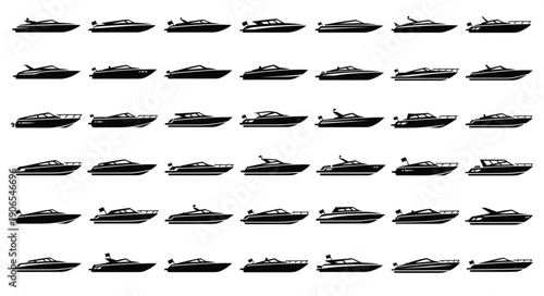 Collection of Silhouetted Motorboats and Yachts.