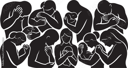 People in Various Praying and Contemplative Silhouette Positions Together