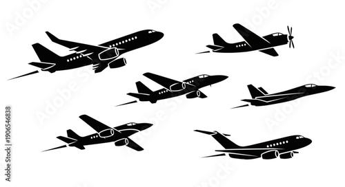 Collection of Silhouetted Airplanes in Flight.