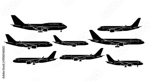 Collection of Silhouetted Airplanes in Various Poses.