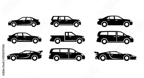 Collection of Silhouetted Cars and Vehicles in Black and White.