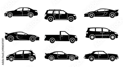 Collection of Silhouetted Cars and Vehicles in Black and White.