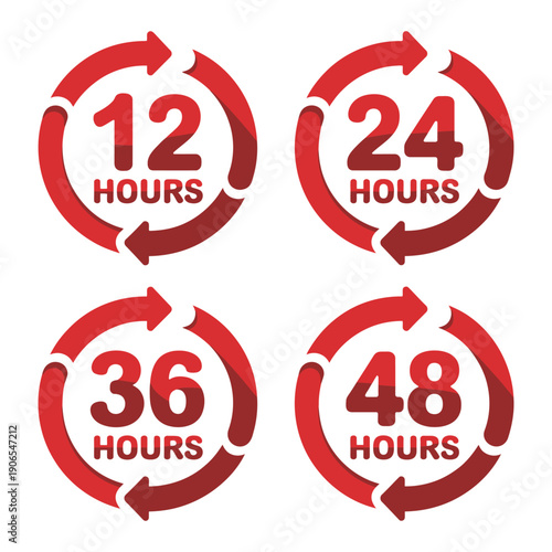 Red icons with different time durations in hours  12 24 36 48 icon