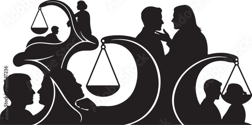 Justice and law concept with silhouettes of people and scales