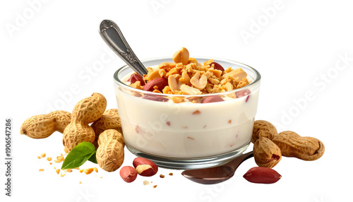 A close-up showcases a clear bowl filled with creamy, light-colored yogurt, topped with peanuts. Scattered peanuts surround