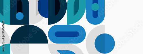 Abstract geometric shapes, blue hues dominate. Overlapping forms create dynamic composition, modern aesthetic. Minimalist design, clean lines present.