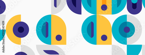 Geometric pattern features overlapping circles, semicircles. Colors include yellow, purple, teal, gray. Simple, modern design.
