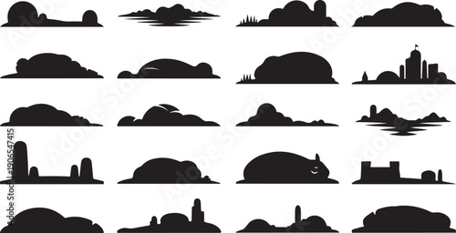 City Skyline Silhouettes with Various Cloud Formations and Buildings