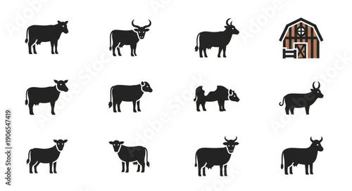 Collection of Silhouetted Farm Animals and Barn.