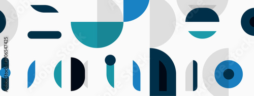 Abstract geometric shapes, blue, gray, white. Overlapping circles, rectangles create modern pattern. Minimalist design, clean aesthetic.