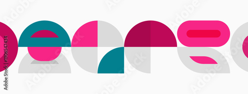 Abstract geometric shapes overlap, creating colorful patterns. Pink, teal, gray hues dominate composition. Minimalist design.