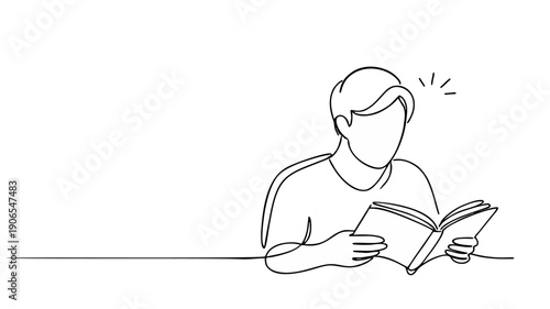 Single continuous line art of man reading book, self learning and knowledge education concept, minimalist outline illustration