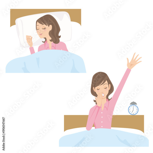 寝室で寝ている女性と寝起きの女性