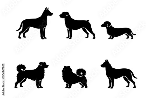 Set of six black dog silhouettes in side view, featuring different breeds and poses on a clean background. Minimal flat vector pack for pet branding, training, and adoption.