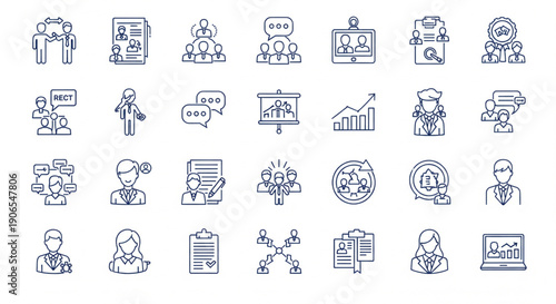 Human Resources, Teamwork, and Business Process Line Icons, business people icons