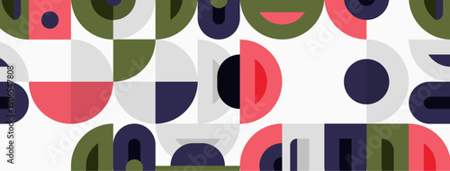 Abstract pattern features colorful overlapping semicircles, circles. Minimalist design creates playful, modern aesthetic. Simple shapes repeat across white background.
