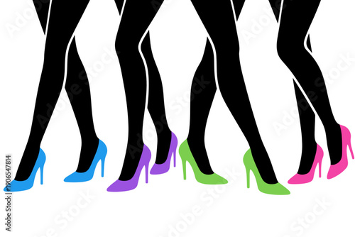 Black female legs silhouettes wearing bright high heel pumps in blue, purple, green, and pink. Glam fashion footwear concept for boutique ads, party flyers, shopping promotions, beauty.