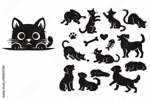 Black silhouette collection of cats and dogs in playful poses with pet icons: paw print, bone, heart, and fish skeleton. Ideal for pet shelter, veterinary, adoption, and animal care concept.