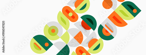 Abstract geometric shapes overlap, creating colorful pattern. Green, orange, red hues dominate design. Minimalist aesthetic.