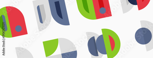 Abstract geometric shapes overlap, creating colorful pattern. Red, green, blue, gray dominate design. Simple forms repeat across canvas.