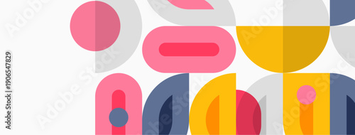 Abstract geometric shapes overlap, creating colorful pattern. Pink, yellow, blue tones dominate design. Minimalist style.
