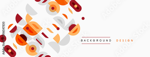 Abstract geometric shapes, warm colors, minimalist design. Background features overlapping circles, squares, dots. Modern aesthetic.