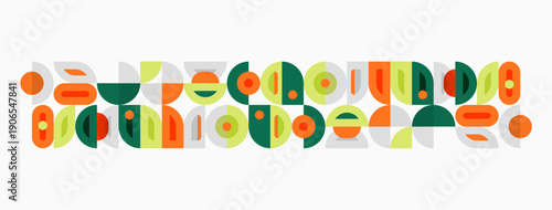 Abstract geometric pattern. Shapes repeat, creating midcentury modern aesthetic. Colors include green, orange, brown, yellow.