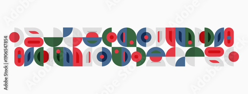 Abstract geometric pattern. Circles, rectangles, semicircles create repeating design. Minimalist style, muted colors, horizontal layout.