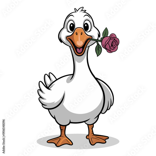 full image silly goose, looking into the camera, white goose, simple colors, rose in beak, looking silly and clumsy but interested friendly