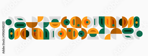 Abstract geometric pattern. Circles, squares, rectangles combine creating midcentury modern aesthetic. Warm colors dominate composition.