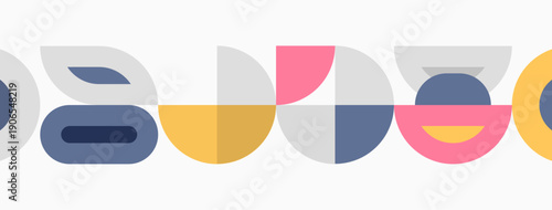 Abstract geometric shapes form colorful patterns. Overlapping circles create playful visual rhythm, simple design.