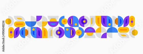 Abstract geometric shapes, vibrant colors, repeating patterns. Modern design elements create playful visual rhythm.