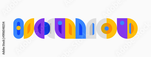 Colorful abstract shapes form word google. Letters vary in design, using circles, rectangles, ovals. Minimalist style, bright palette.