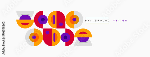 Abstract geometric shapes, circles, rectangles, purple, white, yellow. Modern design element for backgrounds or patterns.