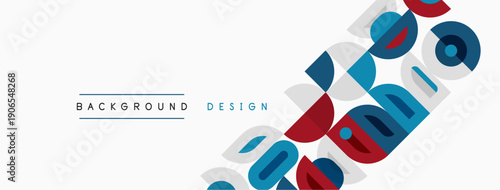 Abstract geometric shapes create modern background. Blue, red, gray colors dominate design, offering clean aesthetic.