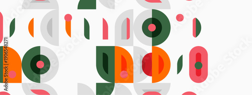 Abstract geometric shapes, circles, rectangles overlap. Colors include red, green, gray, peach. Minimalist design, playful composition.