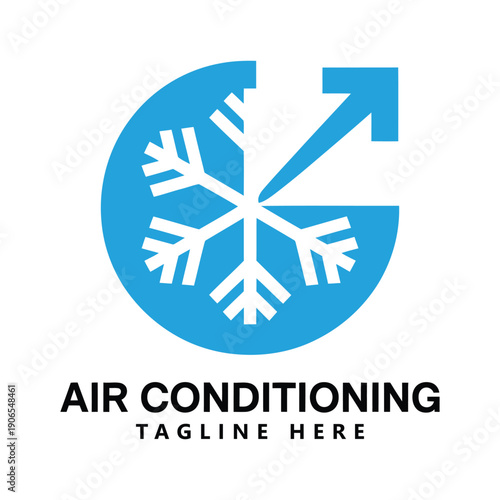 Air conditioning logo design with snowflake and arrow on blue circle icon