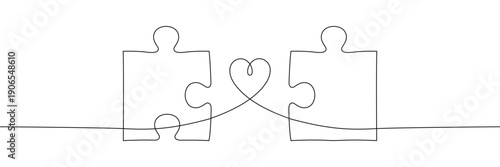 Continuous one line drawing of two puzzle pieces connected by heart symbol representing love and partnership. Single line art. Editable stroke. Doodle hand drawn vector illustration
