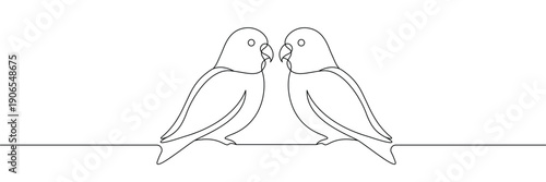 Continuous one line drawing of two lovebirds sitting together on a branch representing love and partnership. Single line art. Editable stroke. Doodle hand drawn vector illustration