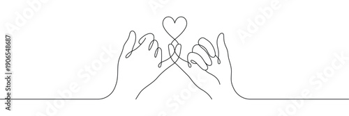 Continuous one line drawing of two hands making pinky promise with heart symbol for trust and friendship. Single line art. Editable stroke. Doodle hand drawn vector illustration